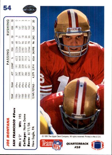 Amazon.com: 1991 Upper Deck Football Card #54 Joe Montana